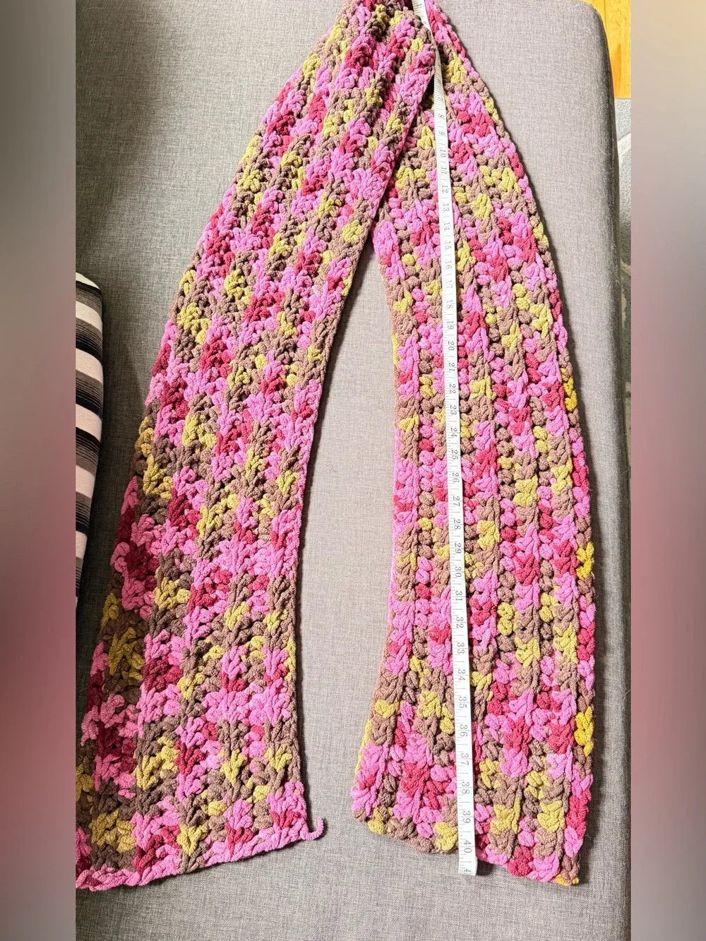 Handcrafted Pink & Brown Crochet Scarf with Camo green accents New
